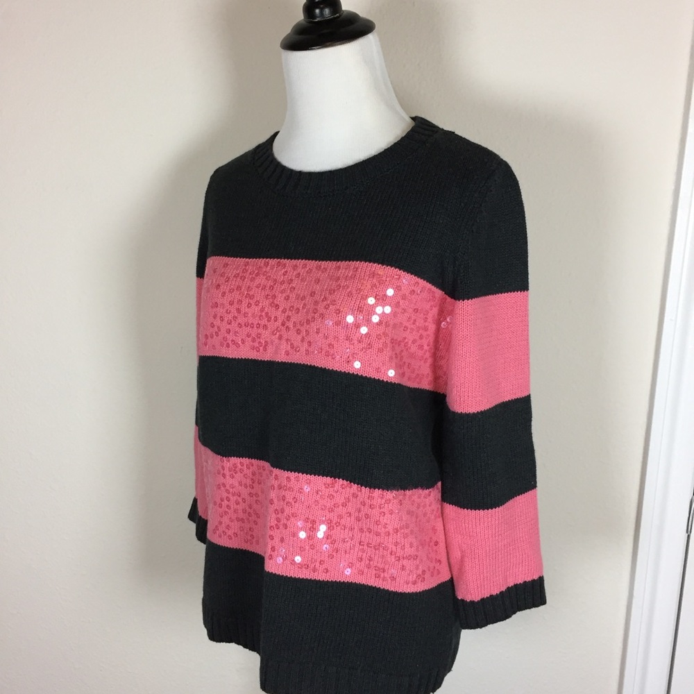 LOFT pink brown striped Sequin Sweater