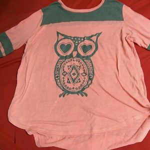 Cute casual pinkish salmon colored owl shirt.