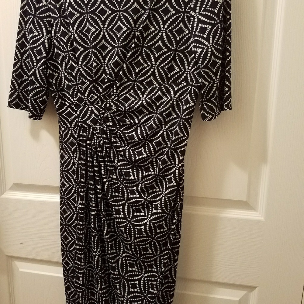 Navy and white patterned dress.