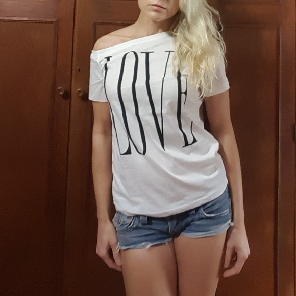 White Off-Shoulder "LOVE" Graphic Tee Sm & Med - Picture 2 of 2