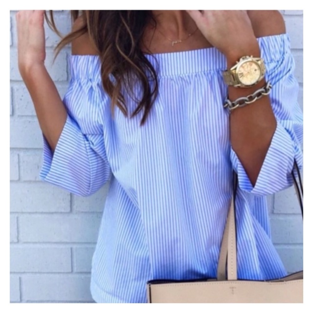 NWT Off Shoulder Cute Blue and White Striped Top