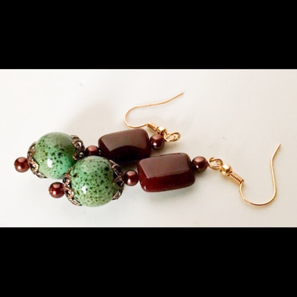 Handmade Beaded Earrings Brown & Green NWT