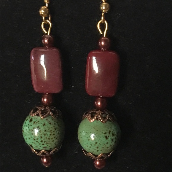 Handmade Beaded Earrings Brown & Green NWT - Picture 3 of 4