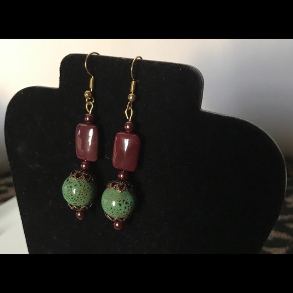 Handmade Beaded Earrings Brown & Green NWT - Picture 4 of 4