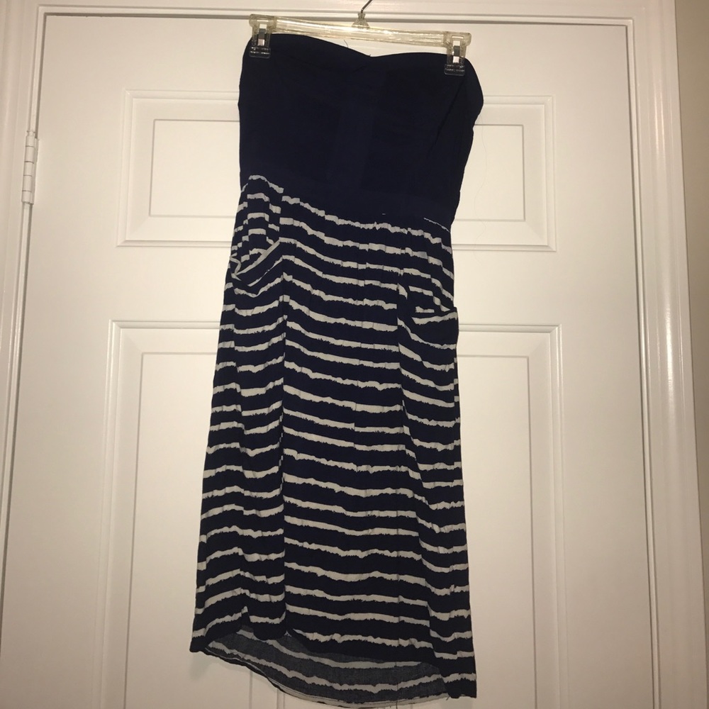 Strapless navy and white striped dress