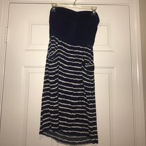 Strapless navy and white striped dress