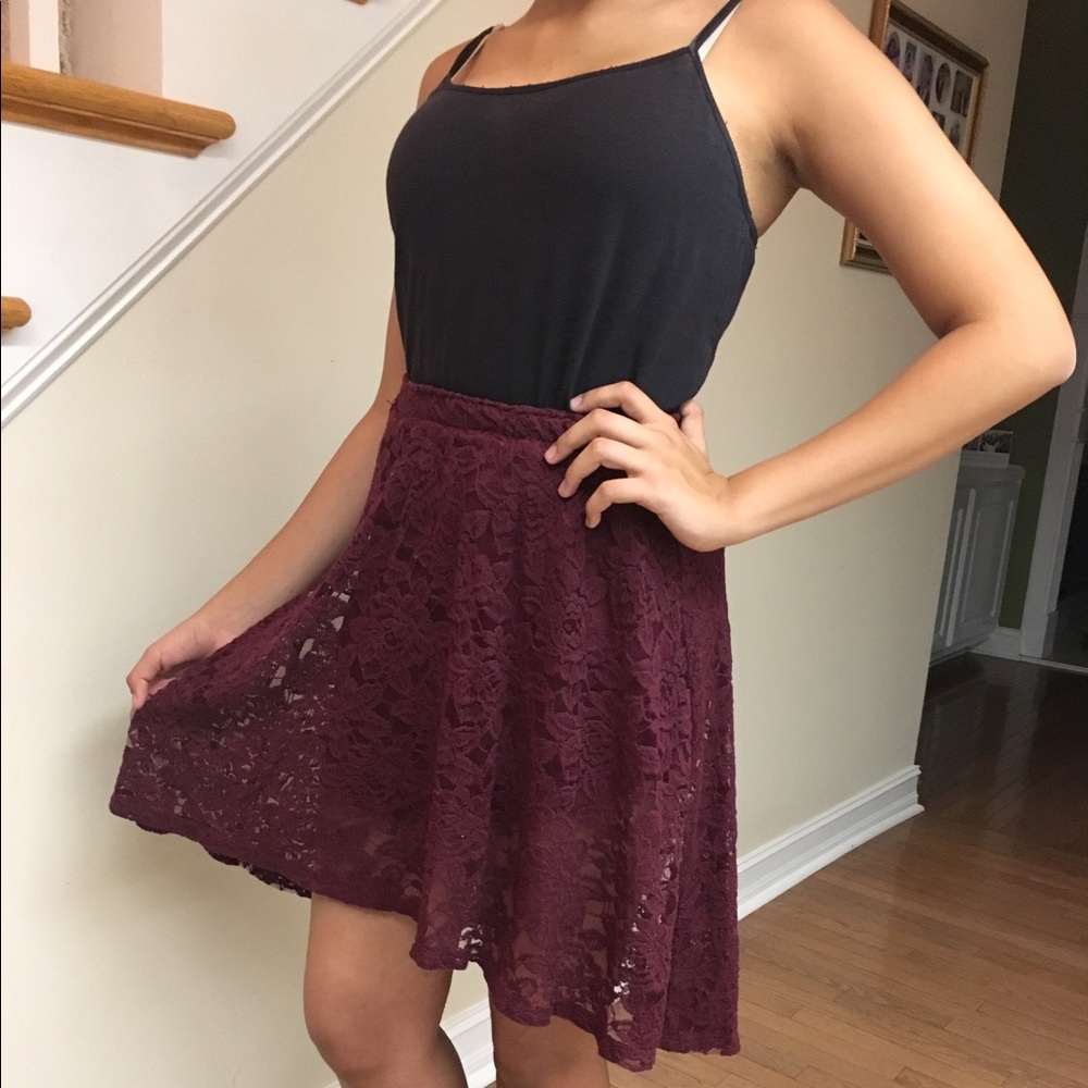 Burgundy high-low lace skirt