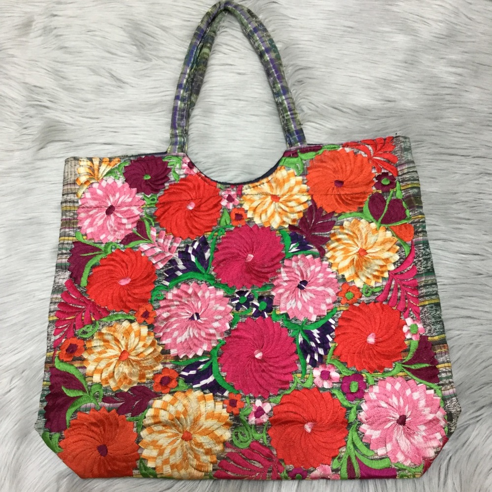 NEW Handmade Red/Pink Floral Embroidered Tote Bag