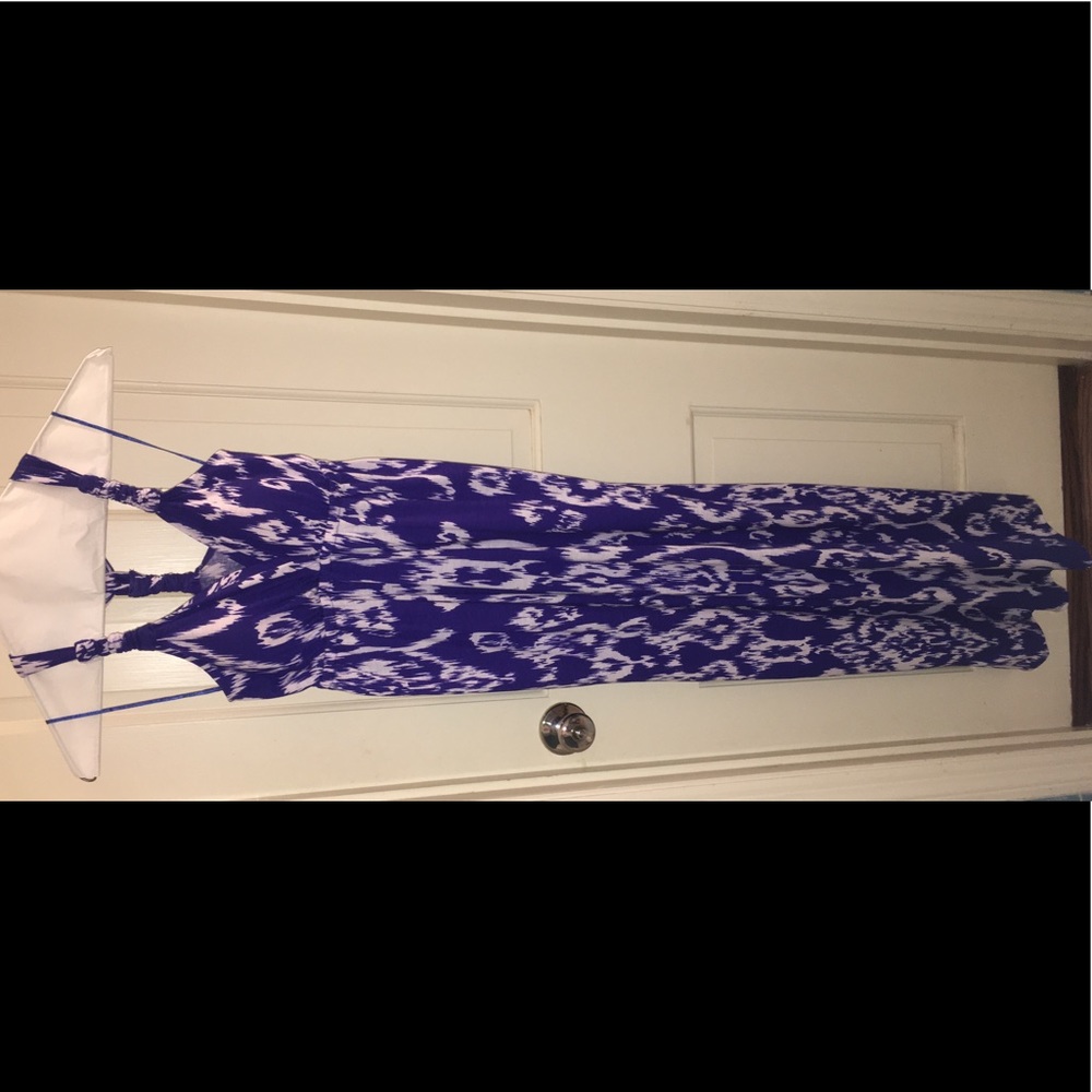 Blue and white halter maxi dress
