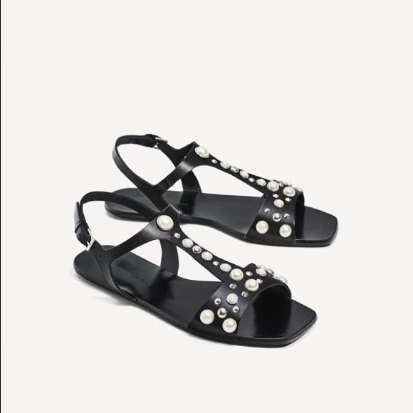 Zara leather flats sandals w/ faux pearl & studs NWT - Picture 2 of 3