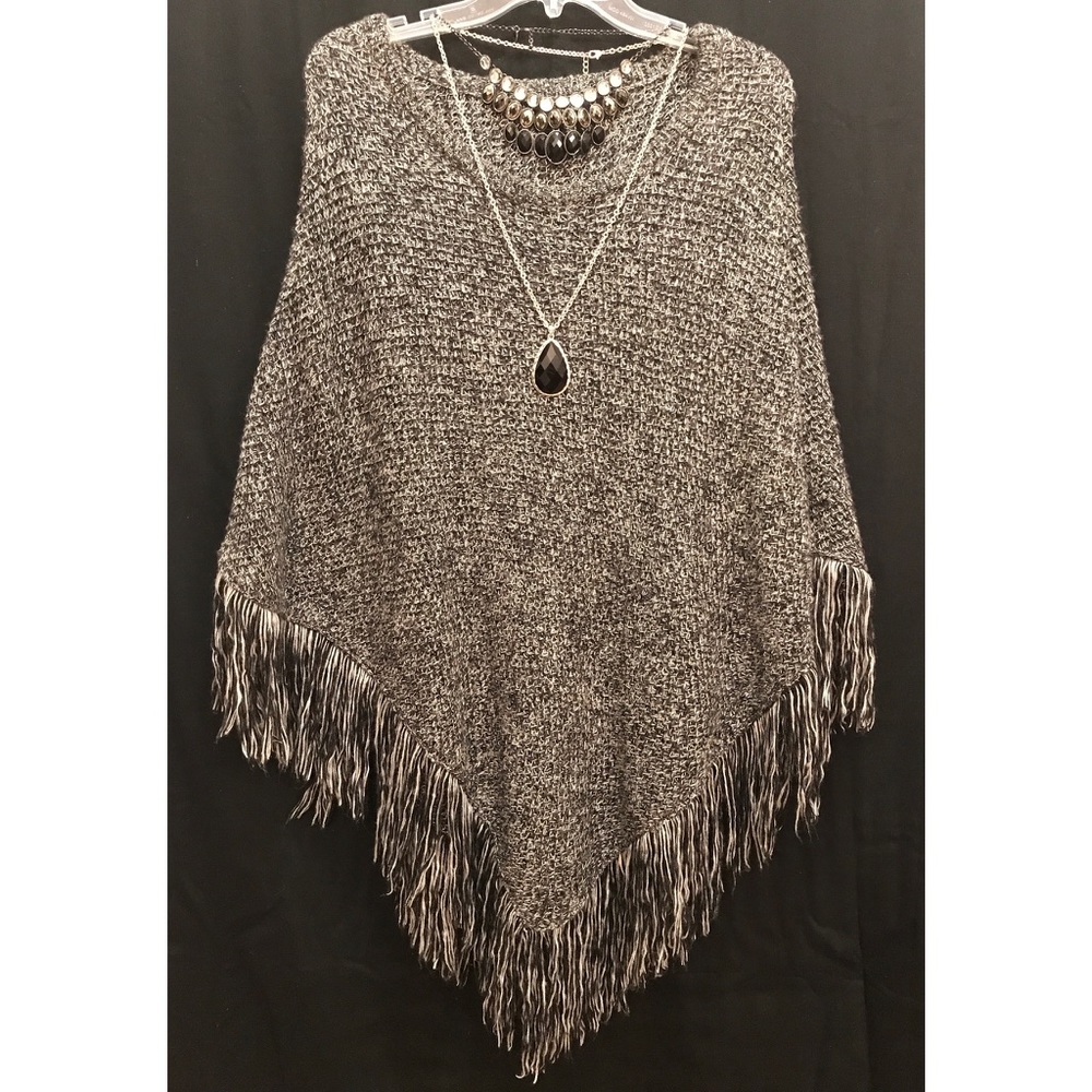 Black and grey fringe poncho