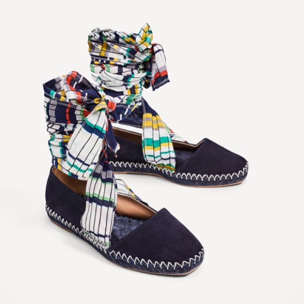Zara navy blue leather espadrilles w/ lace up