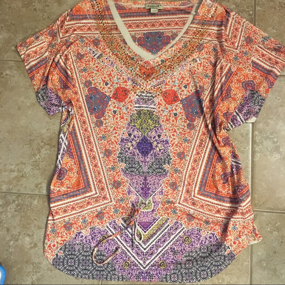 One world longer waist tie top metal accents m