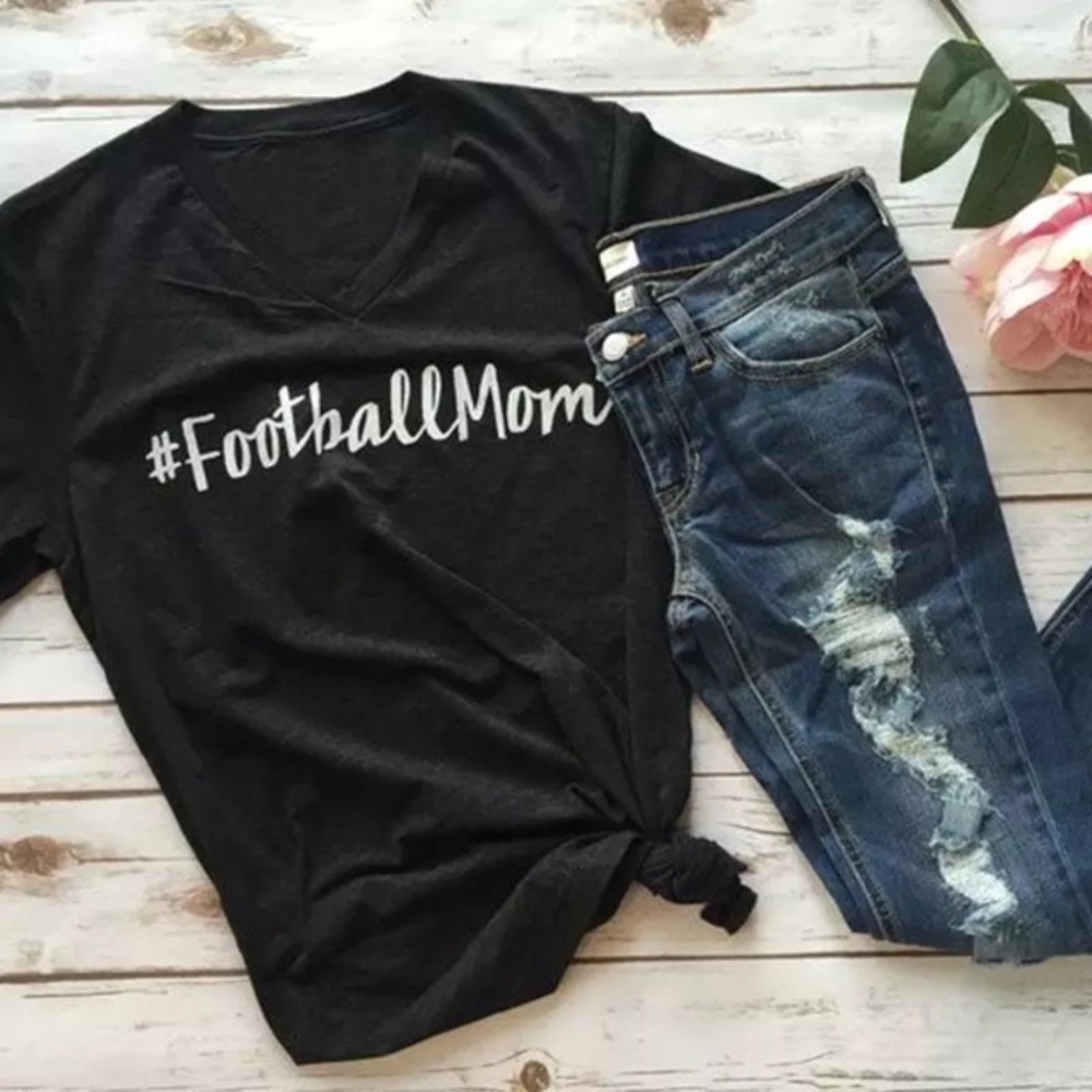 Black Football Mom Graphic V Neck Tee T Shirt Top