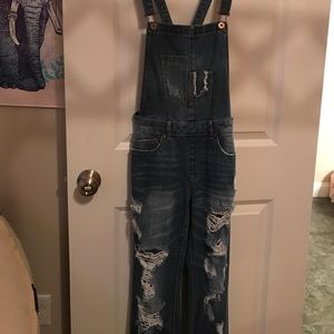 Monkey Jeans Distressed Denim Overalls
