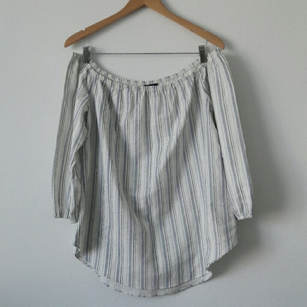 Off the Shoulder Navy Striped Linen Shirt