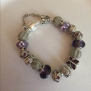 Murano beads charms bracelet purple silver