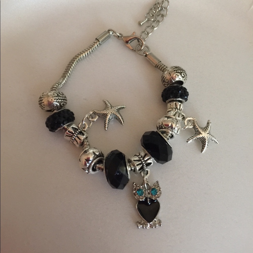Black silver onyx bracelet owl starfish charms