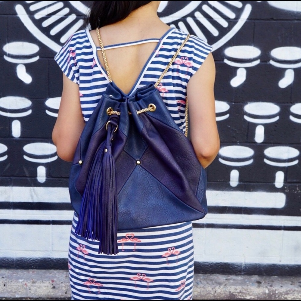 NOW AVAILABLE! Color block backpack/tote in blue.
