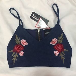 Denim Rose Embroidery Crop Top