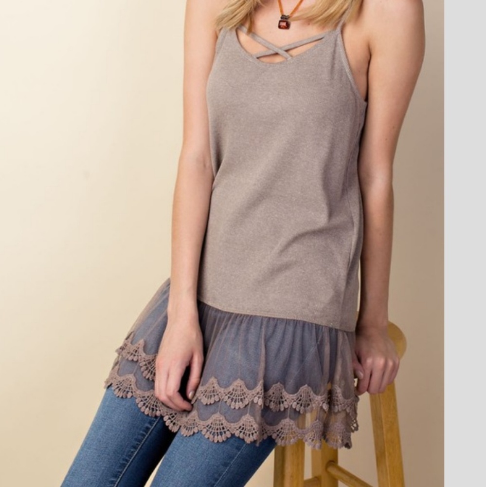 Caged long lace trim tank top