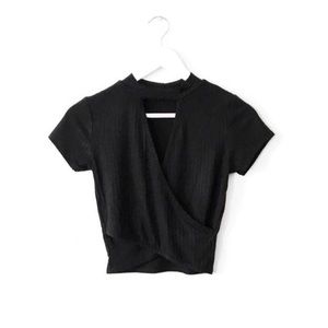 Black Ribbed Wrap Cropped Top