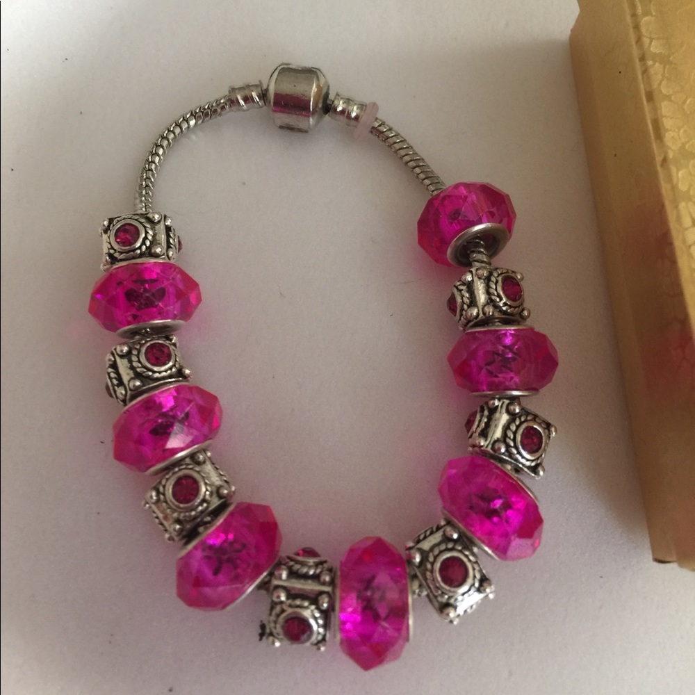 Fushia pink silver Murano beads bracelet