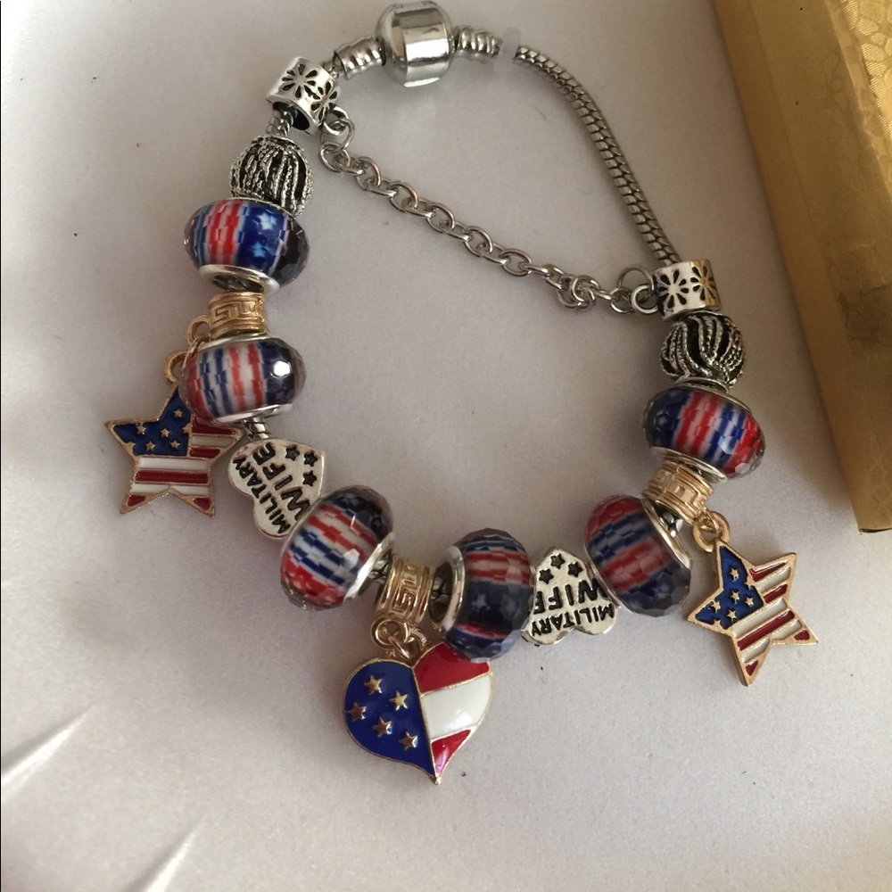 Red white blue military wife Murano beads bracelet