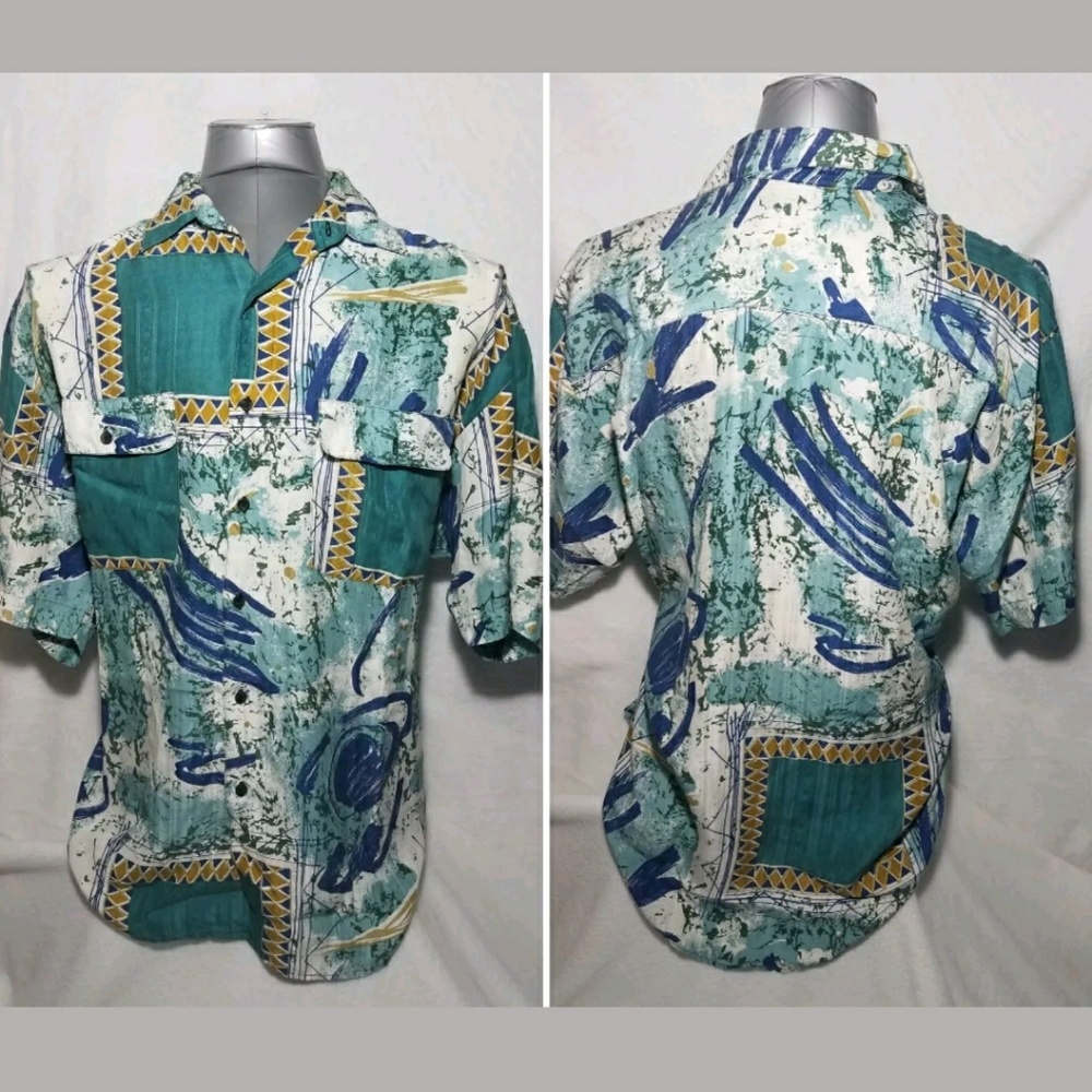 Goouch Large 100%Silk Vintage Abstract Green Shirt