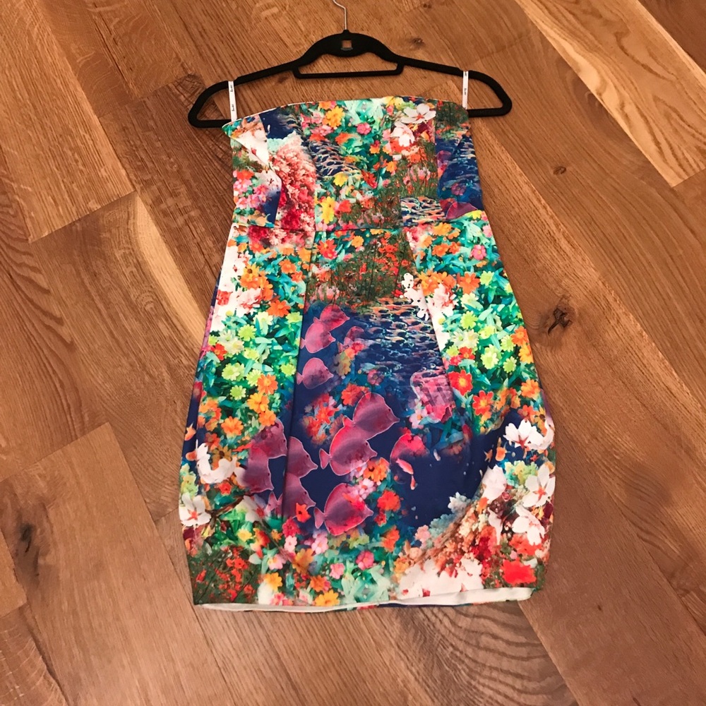 Bardot multi cork/pattern strapless dress.