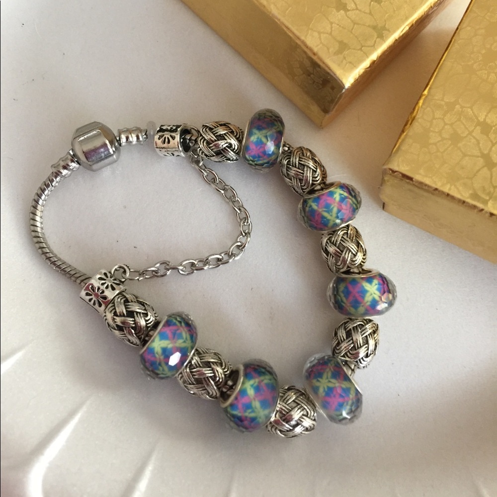 Green blue plaid Murano beads bracelet new