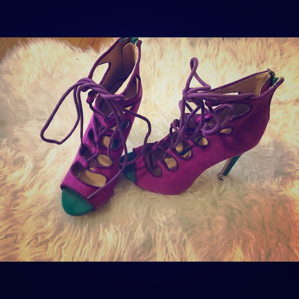 Purple and green height heels