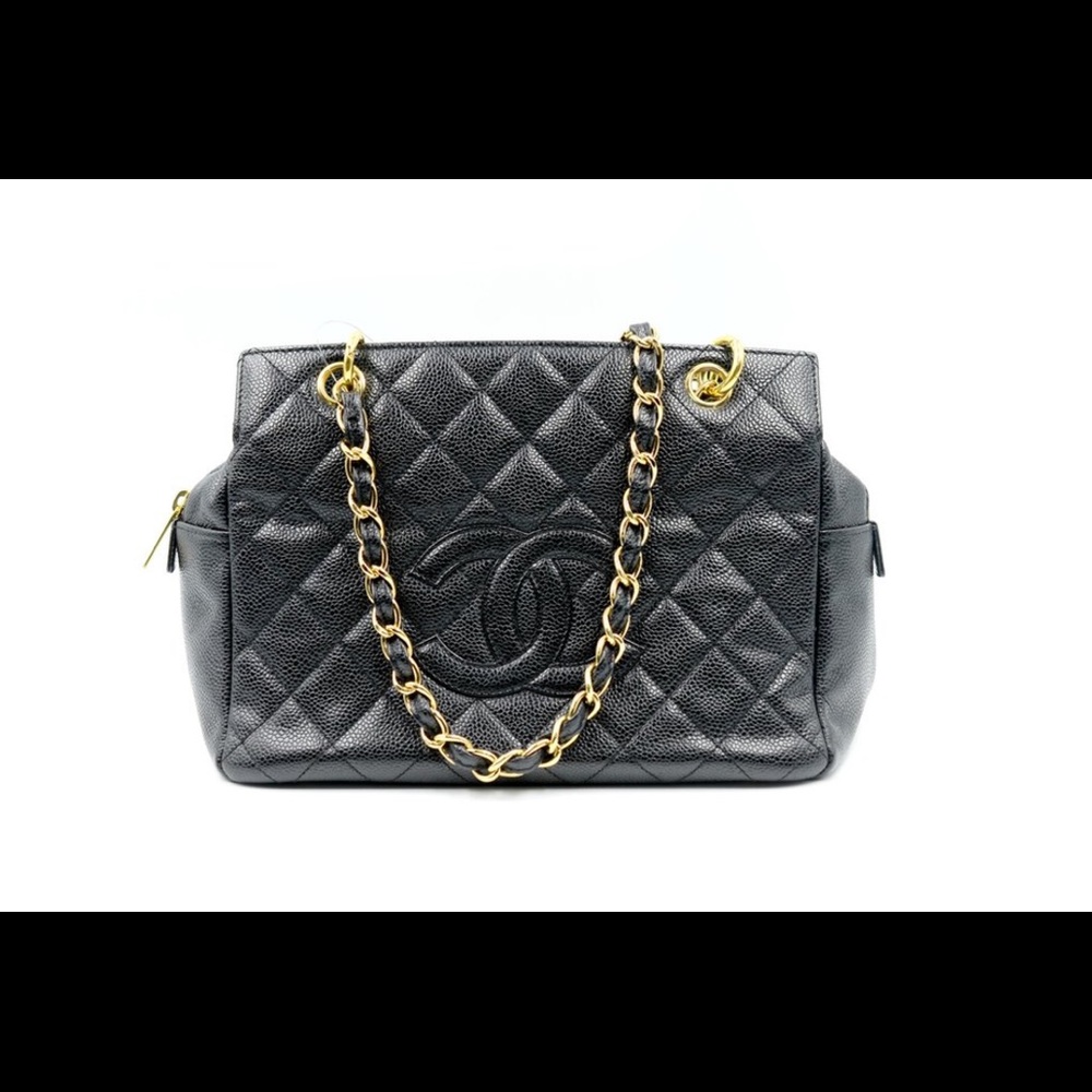 CHANEL QUILTED CAVIAR TOTE WITH GOLD CHAIN