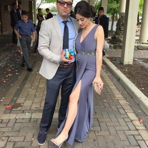 Grey v neck, v back slit gown with sequin prom