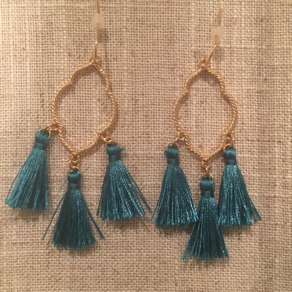 "Katie" Turquoise Tassel Gold Earrings - Picture 1 of 5