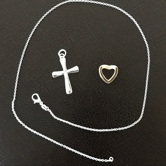 Silver Cross Pendant Gold Heart Necklace Easter Christian Jesus - Picture 3 of 3