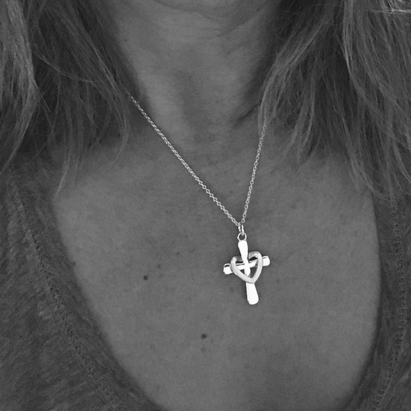 Silver Cross Pendant Gold Heart Necklace Easter Christian Jesus - Picture 2 of 3