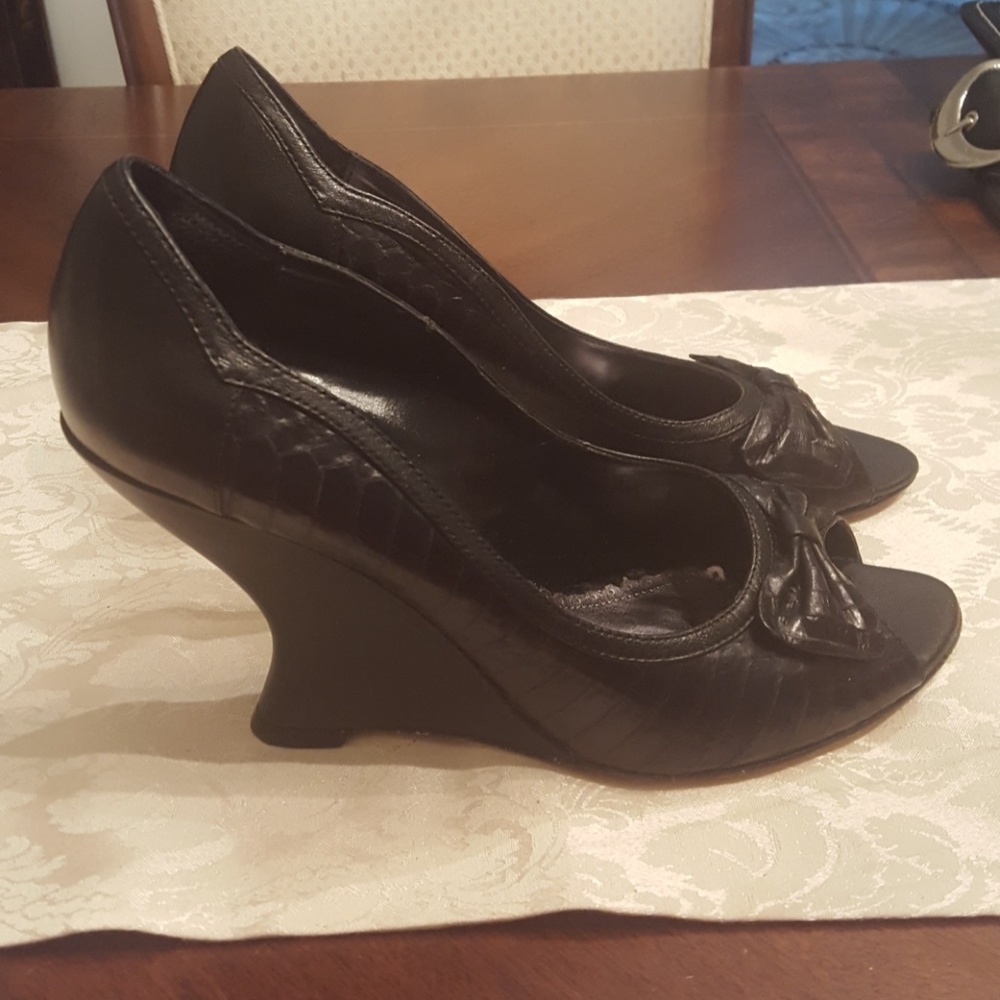 Black and white leather wedges