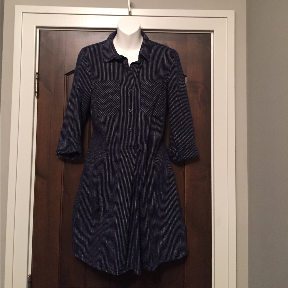 Navy blue and white pin striped shirt dress