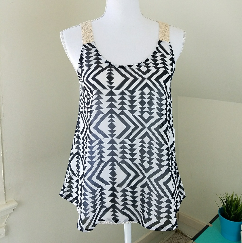 Charming Charlie Sheer Aztec Black White Tank