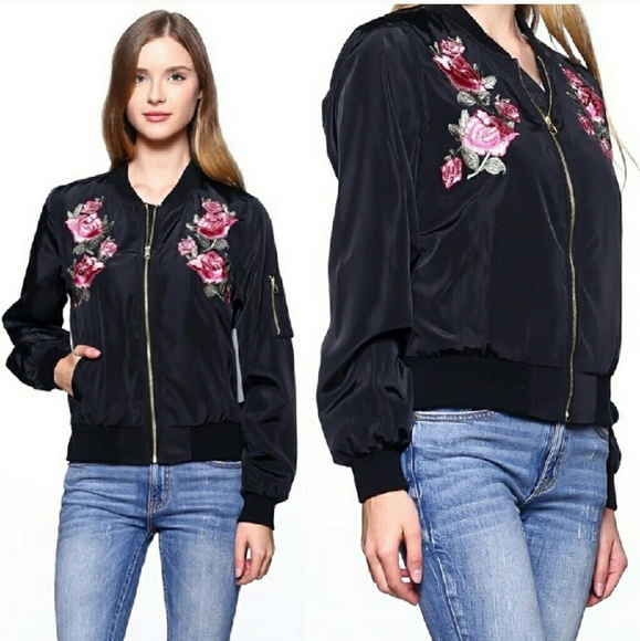 ROSE APPLIQUÉ BLACK BOMBER JACKET - Picture 1 of 2