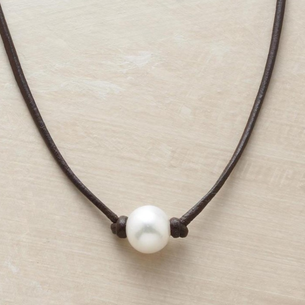 Boho leather pearl freshwater choker necklace