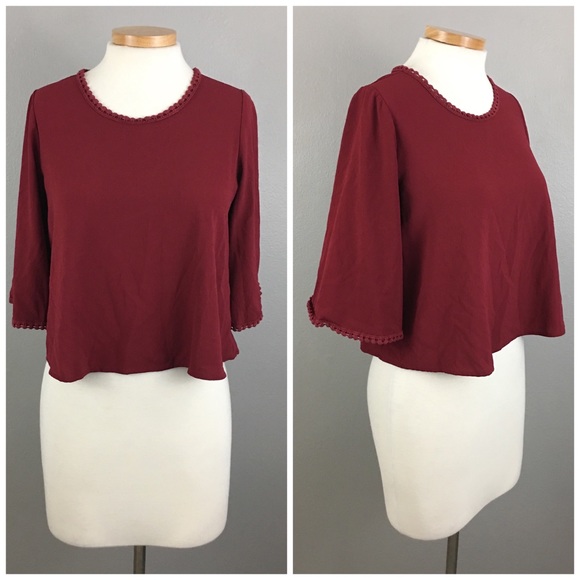Tops - Boho Burgundy Bell Sleeve Pom Hem Crop Top Blouse