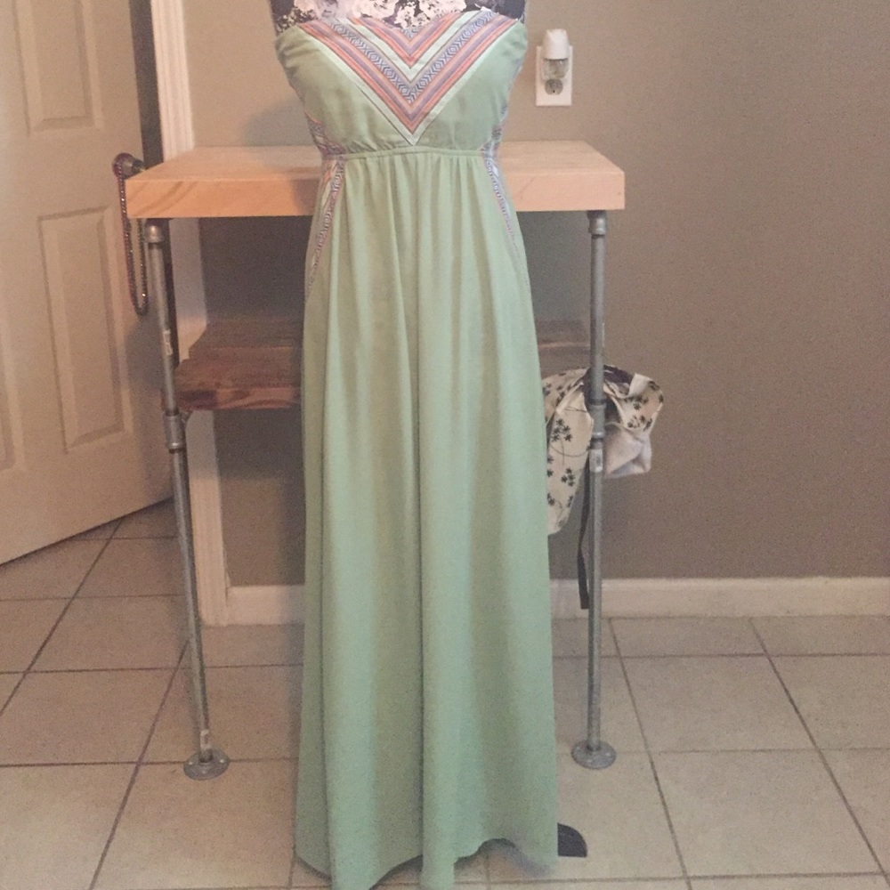 Light green maxi with Aztec embroidery details