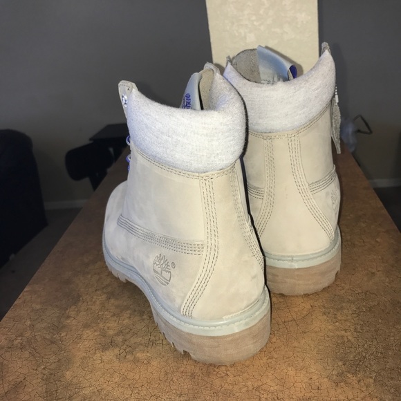 Grey and blue timberland boots
