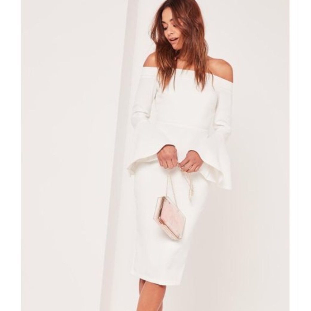 White Bardot frill sleeve tailored midi dress