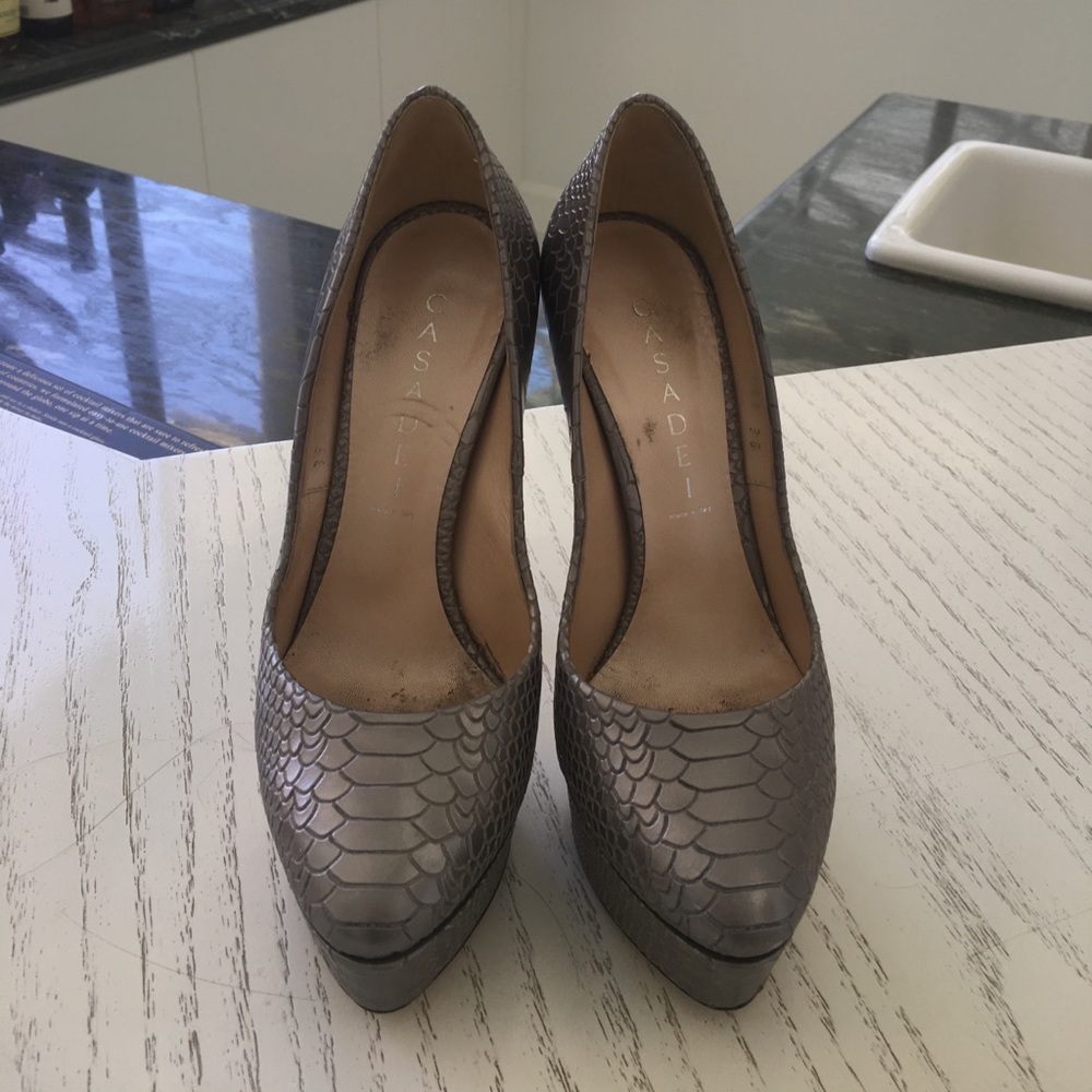 Casadei Pewter Embossed Platform Pump Stilettos 6