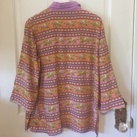 Bob Mackie 100% Silk Button Up Elephant Print Top - Picture 2 of 8