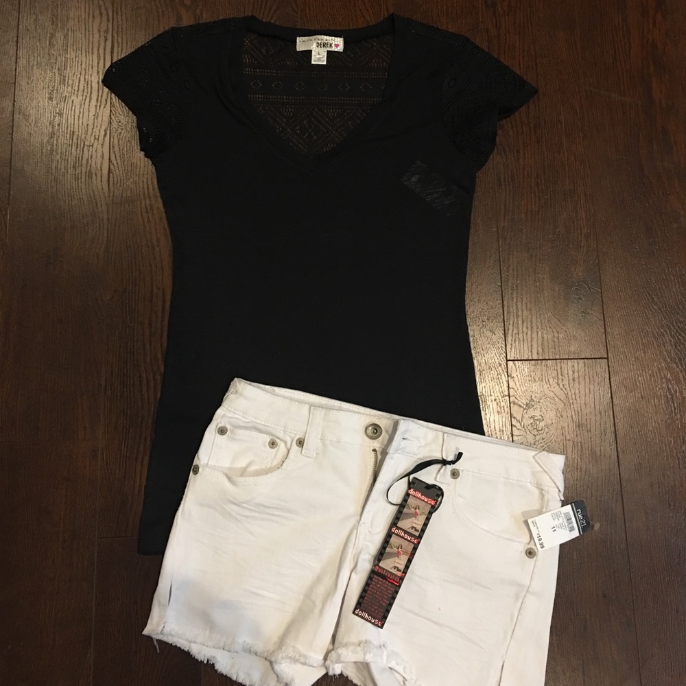 Black crochet top with fringed white short outfit