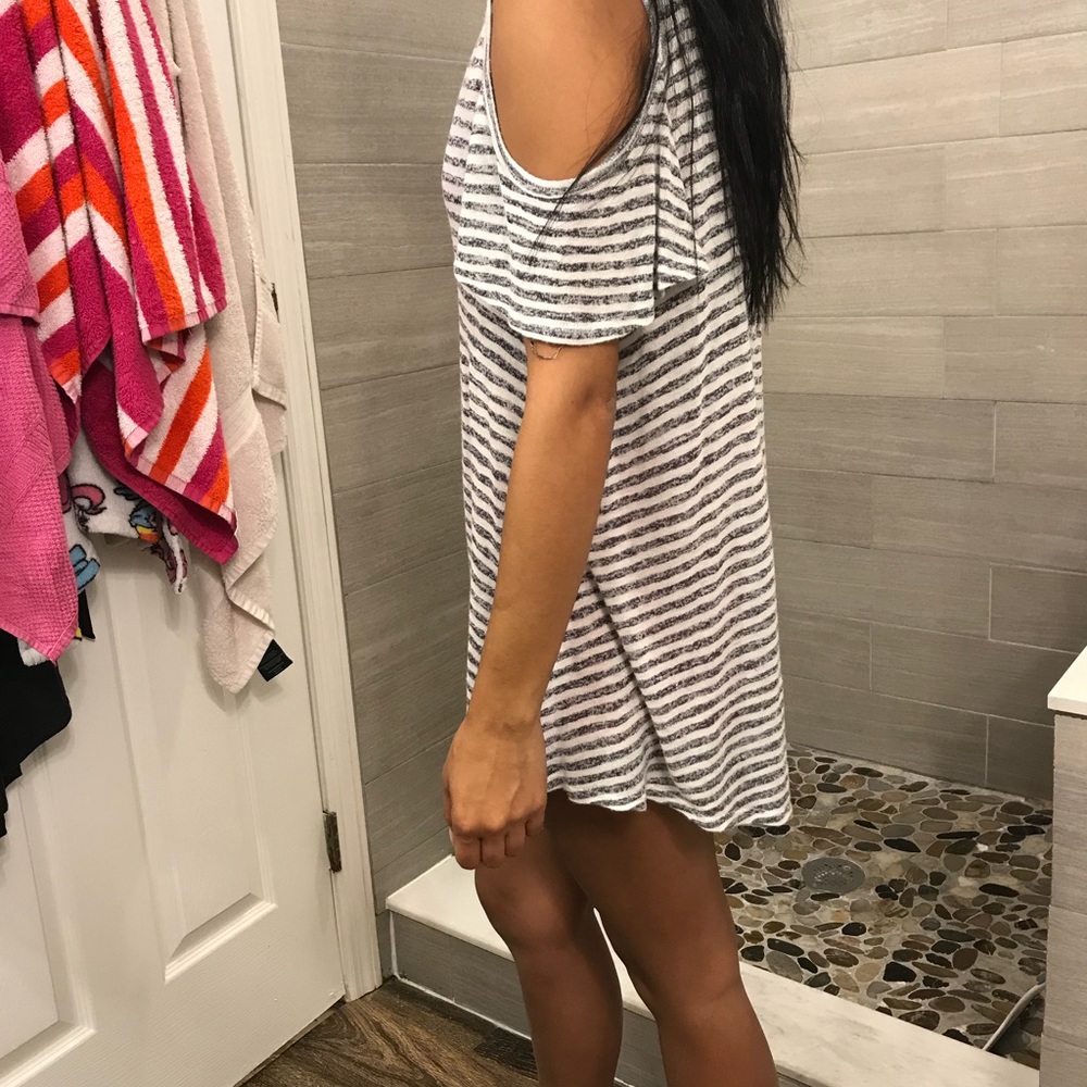 Navy blue striped cut off shoulder tunic